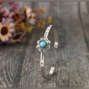 NEW! Silver Floral Bangle with Turquoise Accent NIP